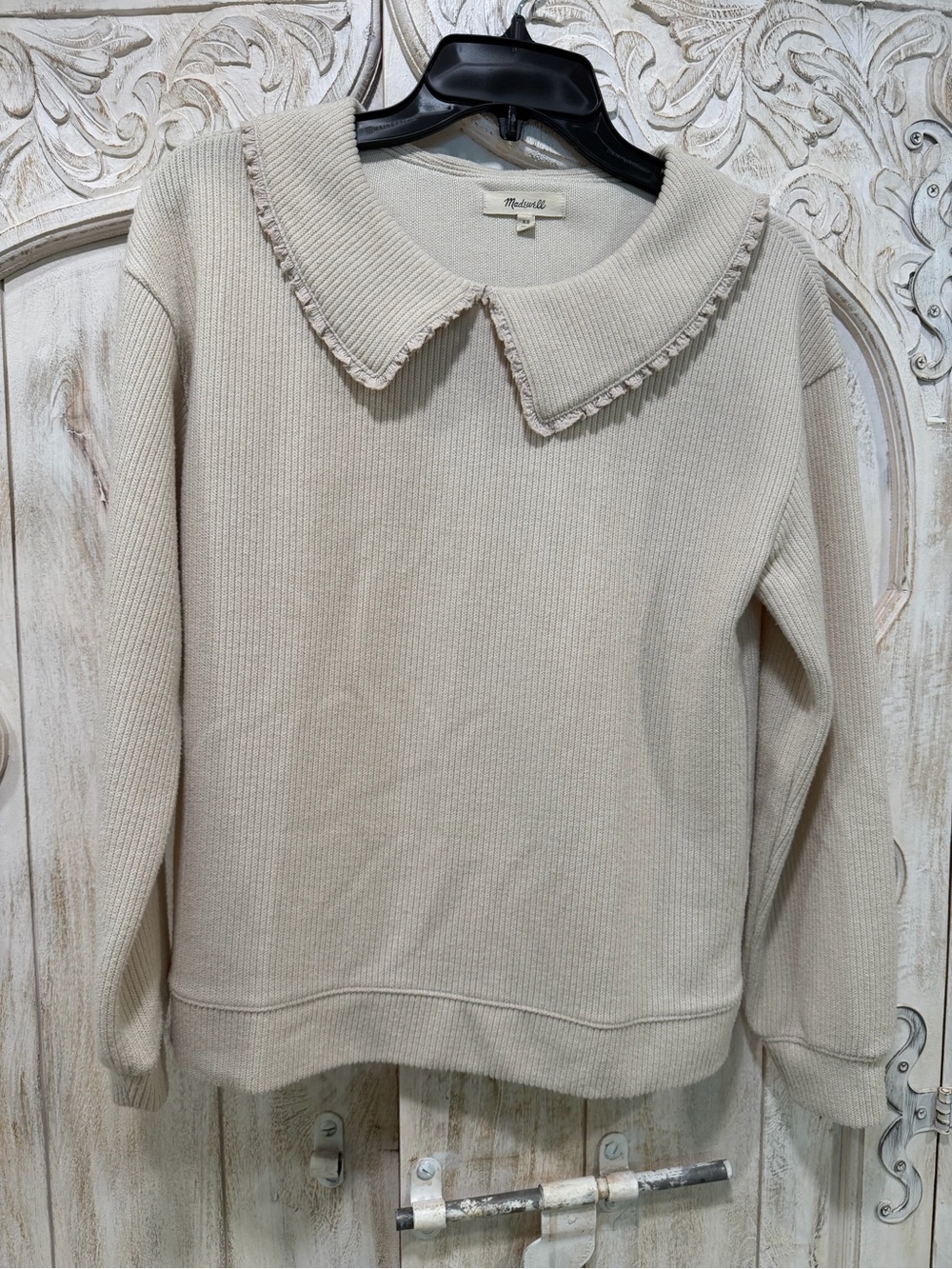Madewell Cream Ribbed Sweater with Frilled Peter Pan Collar